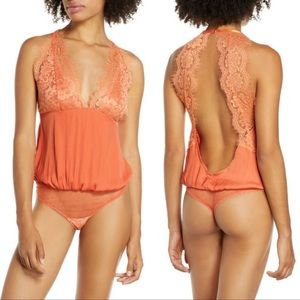 Free People bodysuit Melrose in Coralina peach lace mesh silky XS